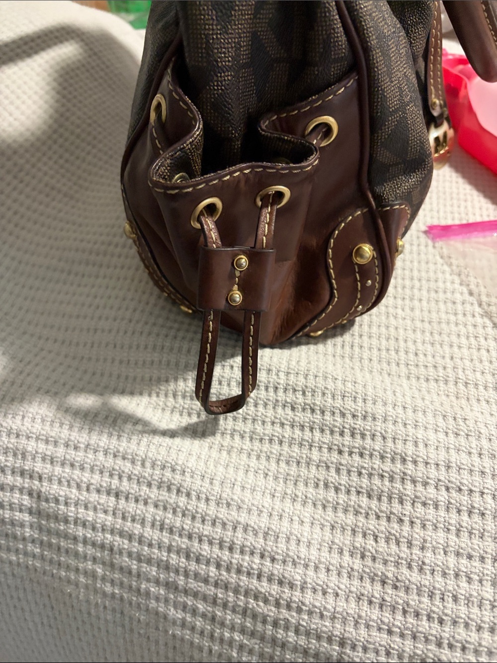 Michael Kors Brown MK Logo Drawstring Tote with Leather Trim - Picture 3 of 12